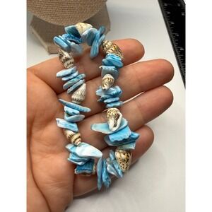 Blue Shell Chip and Natural Seashell Stretch Bracelet Boho Beach Jewelry